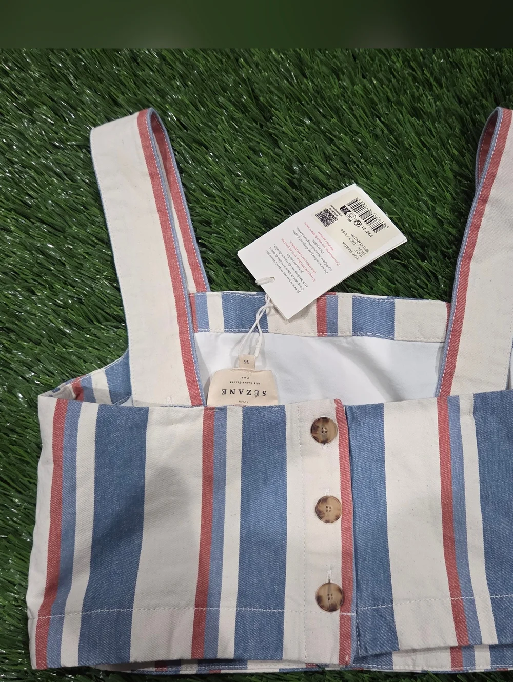 Sezane Striped Square-Neck Crop Top in White, Blue & Red - Picture 2 of 3